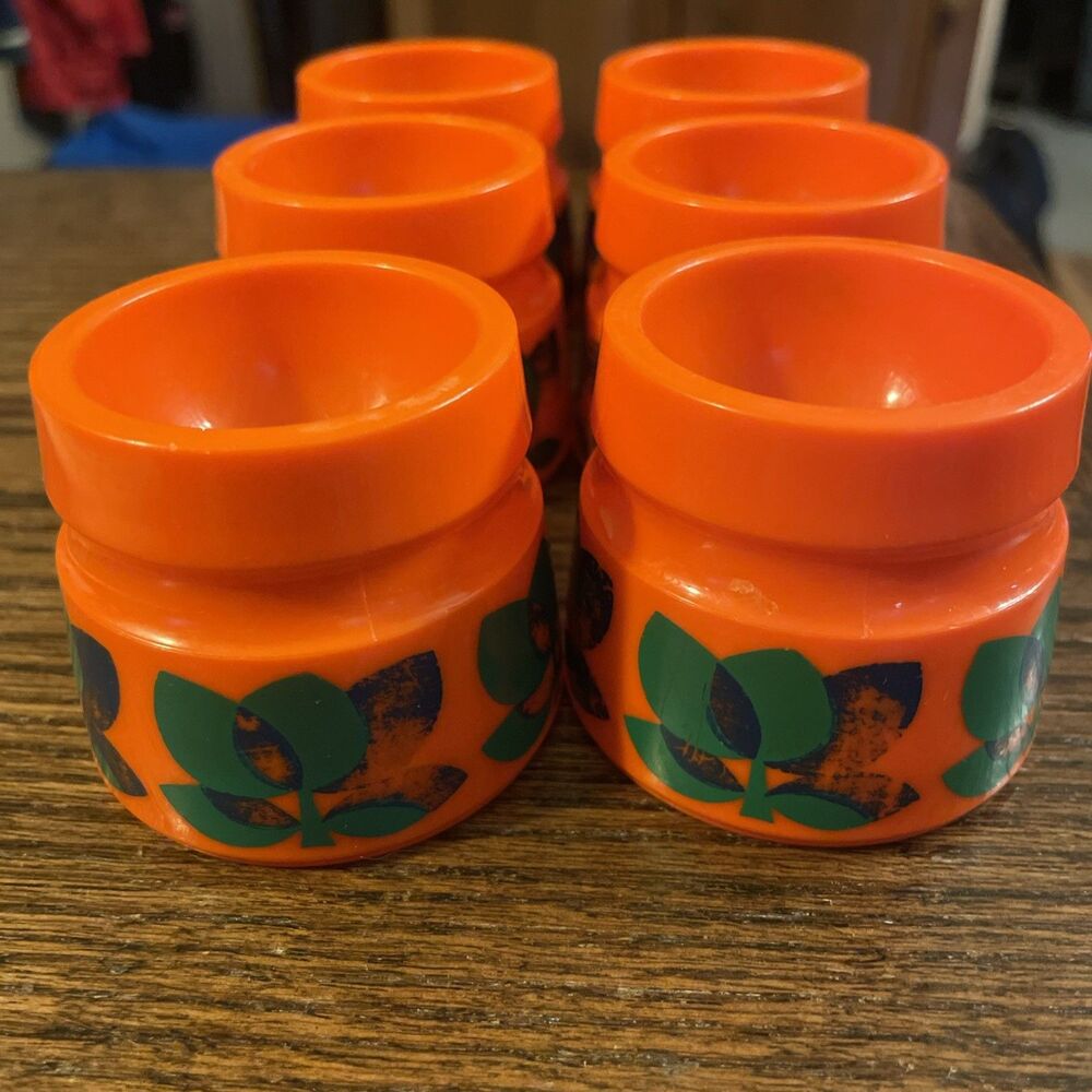 6 Vintage Plastic Egg Cups Mid Century Bright Orange Groovy Floral